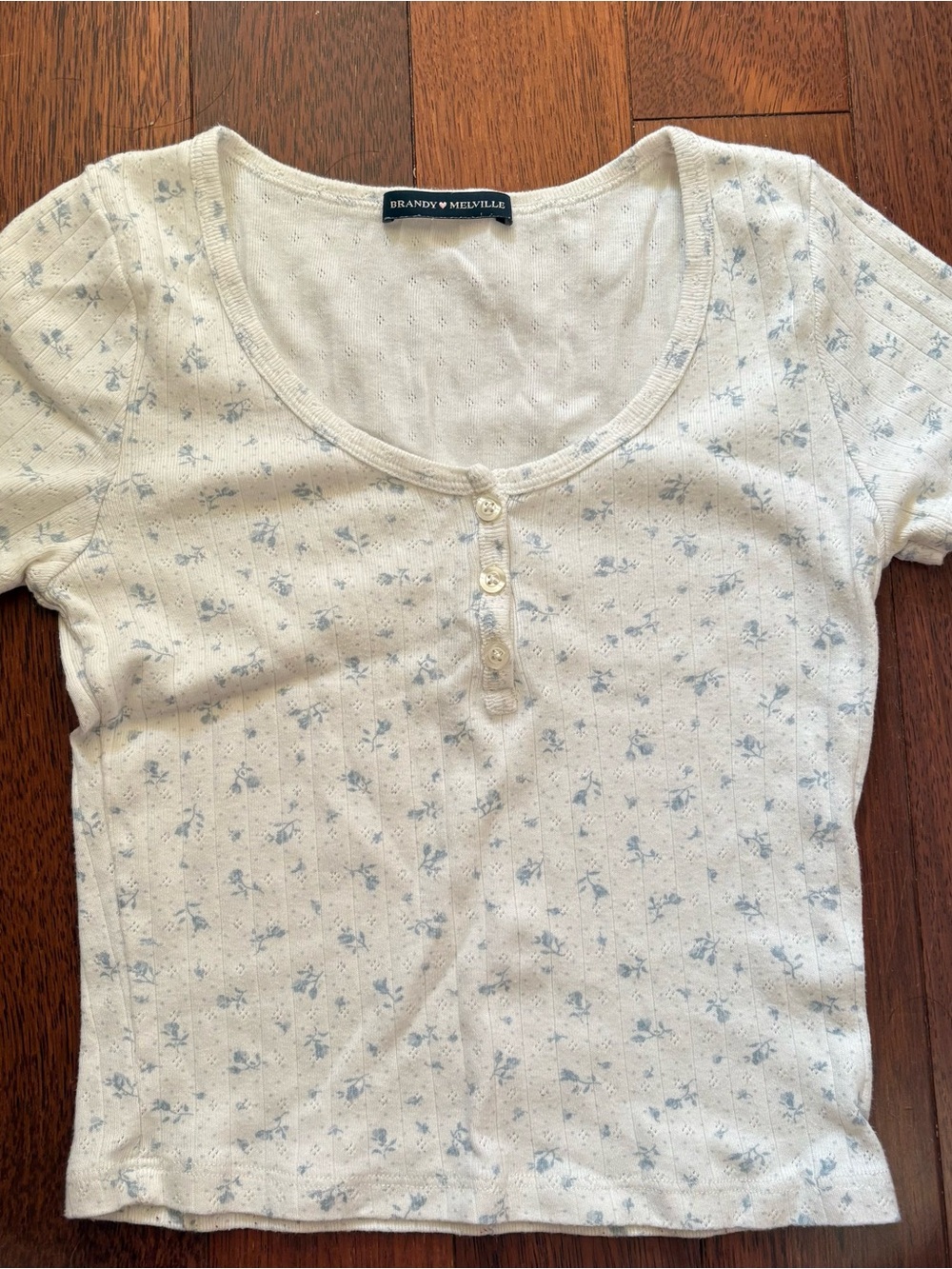 Brandy Melville Cream Tee with Light Blue Floral Print